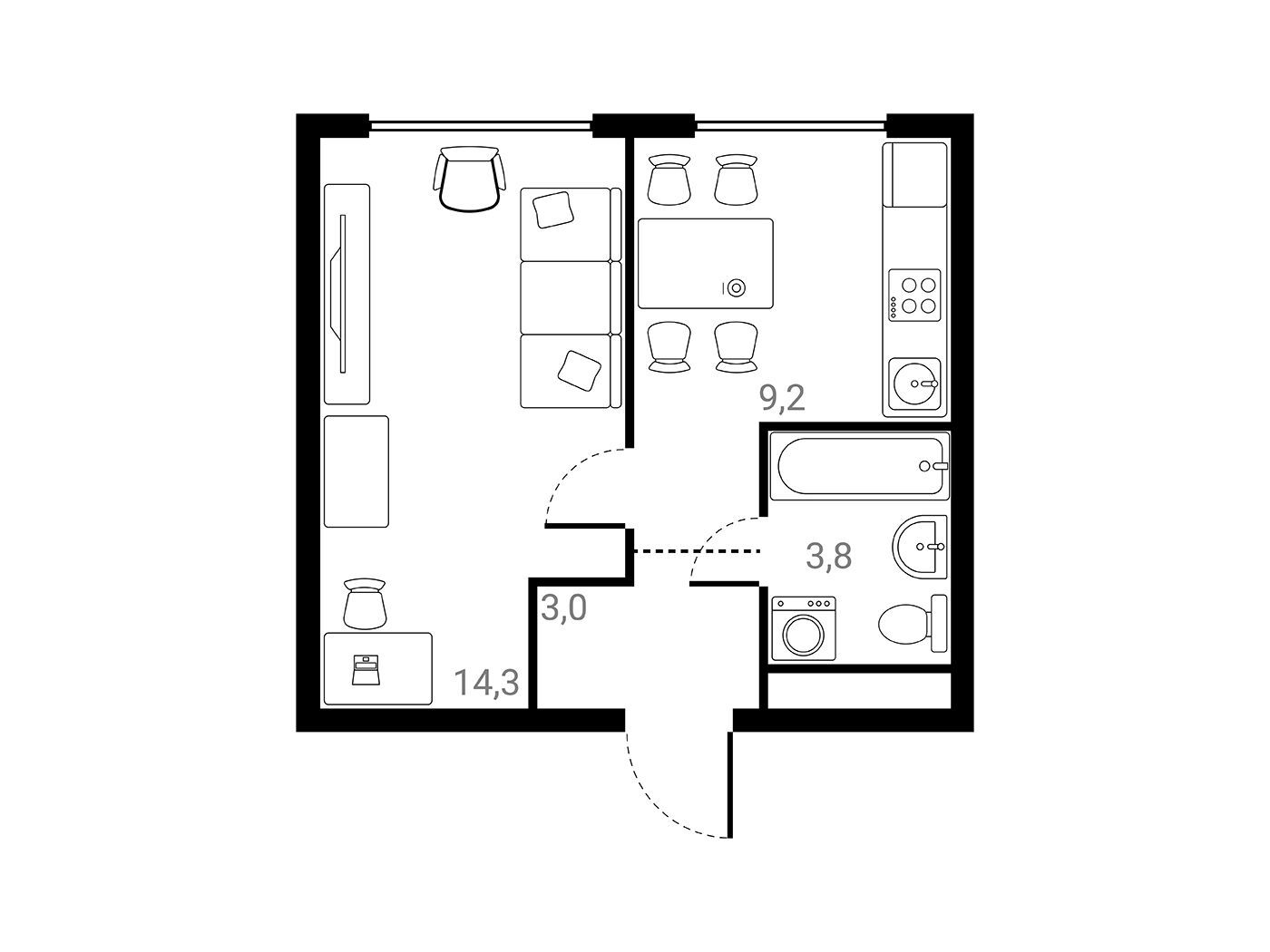 Планировка: 1-комн. квартира 30.30 м² в новостройке Лесная Коллекция