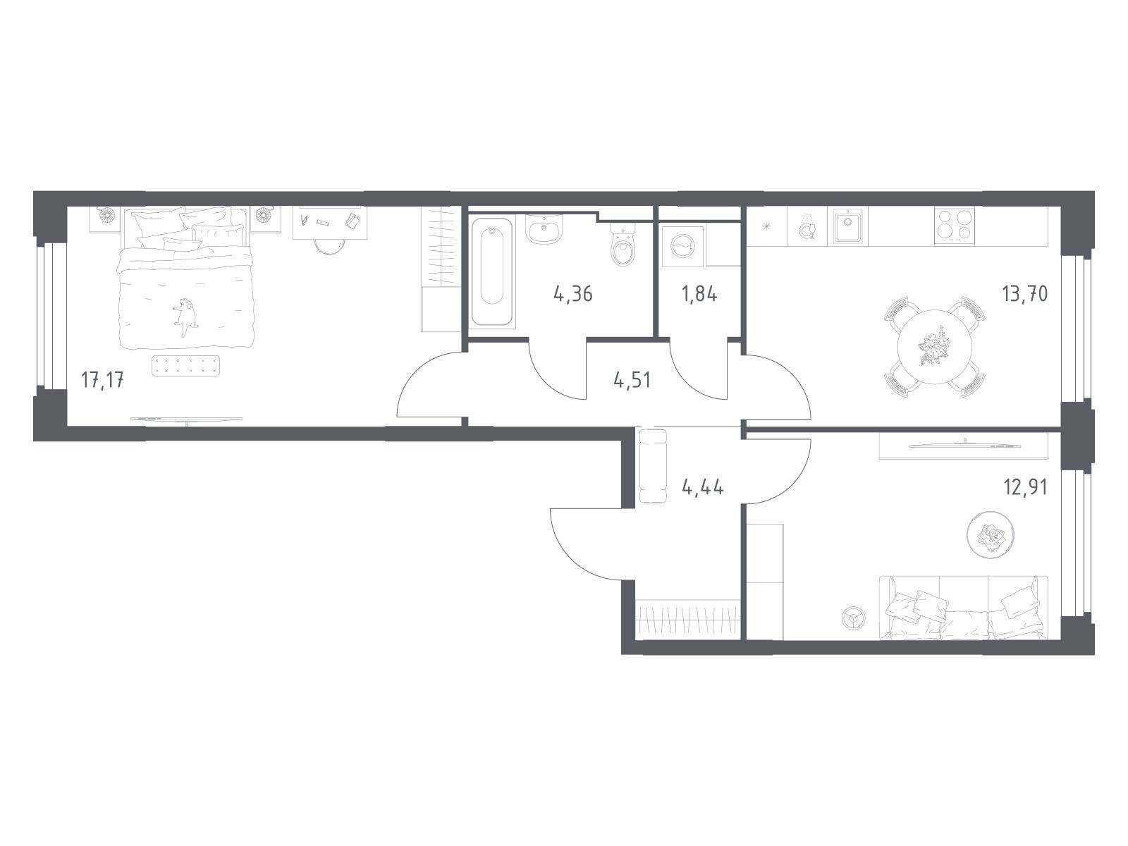 Планировка: 2-комн. квартира 58.93 м² в новостройке Космический квартал