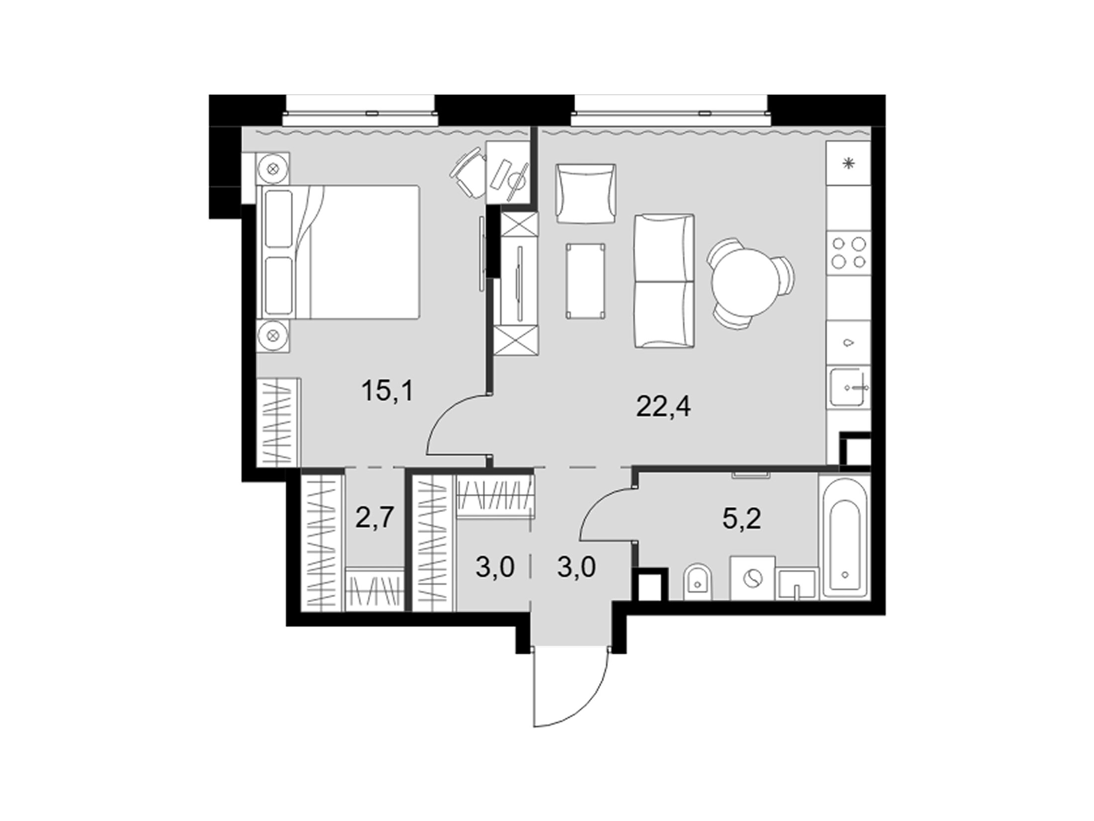 Планировка: 2-комн. квартира 51.40 м² в новостройке Симоновский вал