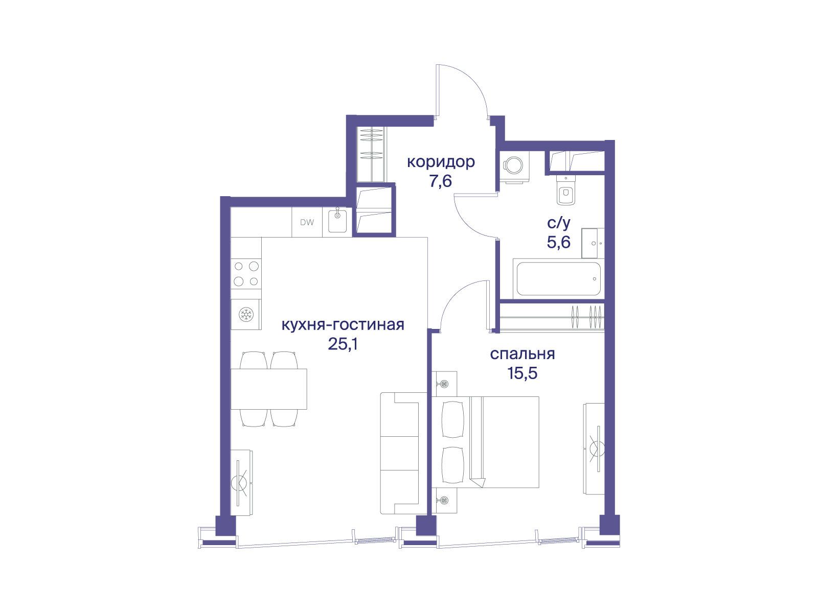 Планировка: 1-комн. квартира 53.80 м² в новостройке Начало