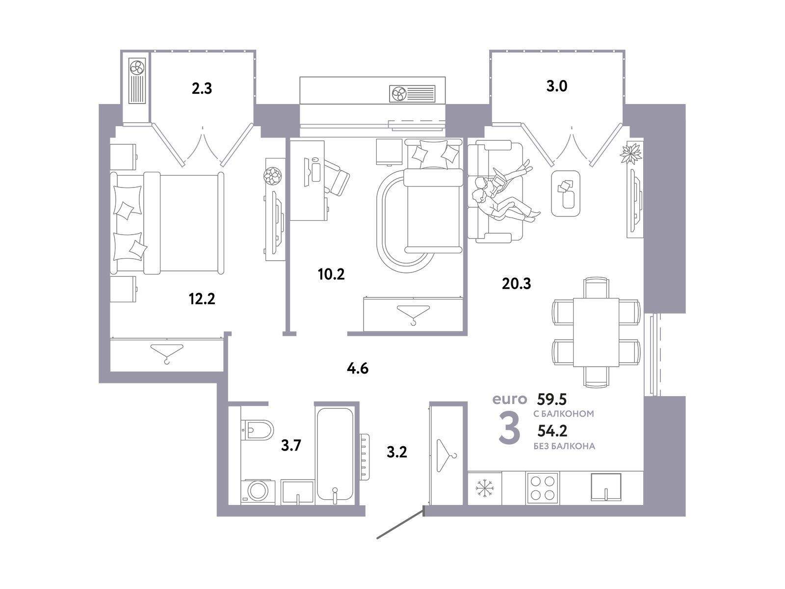Планировка: 3-комн. квартира 59.50 м² в новостройке Страна. Заречная