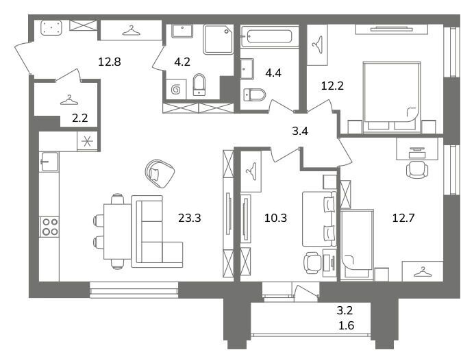Планировка: 3-комн. квартира 89.10 м² в новостройке Антверпен