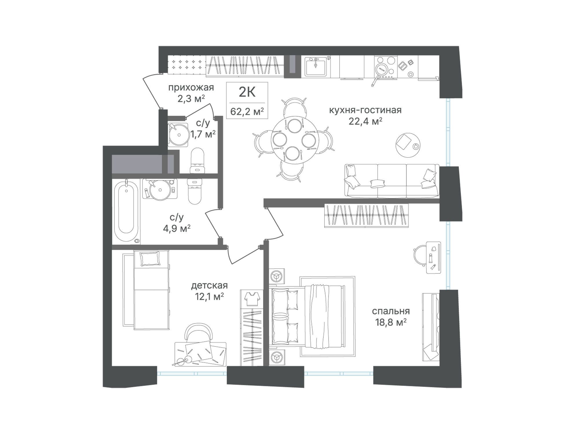 Планировка: 2-комн. квартира 62.10 м² в новостройке Семеновский парк 2