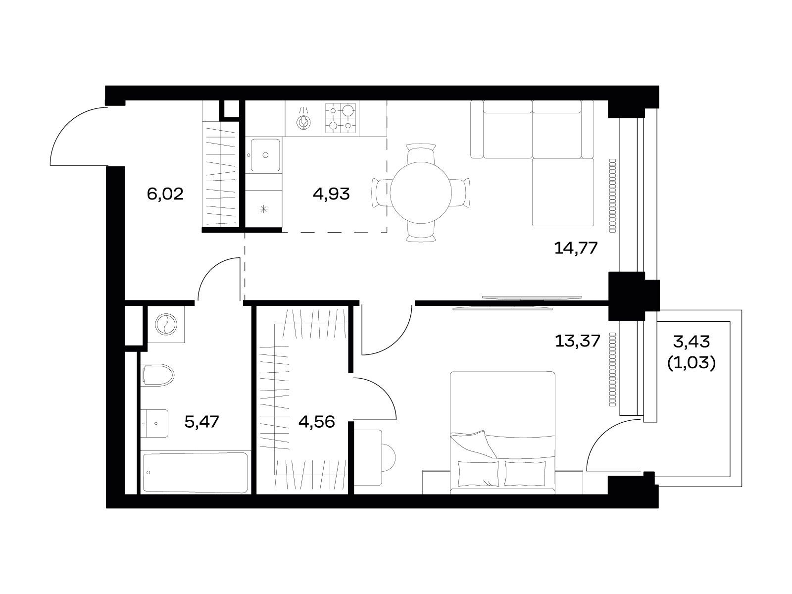 Планировка: 1-комн. квартира 50.15 м² в новостройке Нова