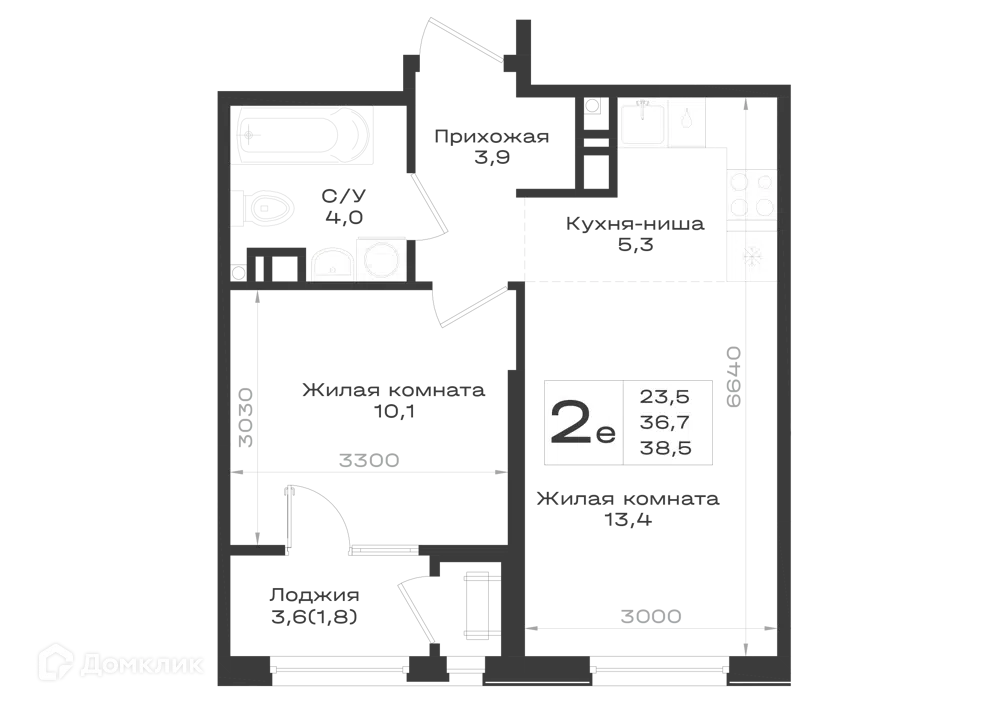 Планировка: 2-комн. квартира 38.50 м² в новостройке Нагория