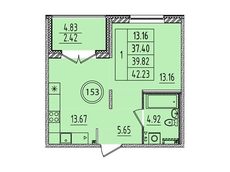 Планировка: 1-комн. квартира 37.40 м² в новостройке Образцовый квартал 14