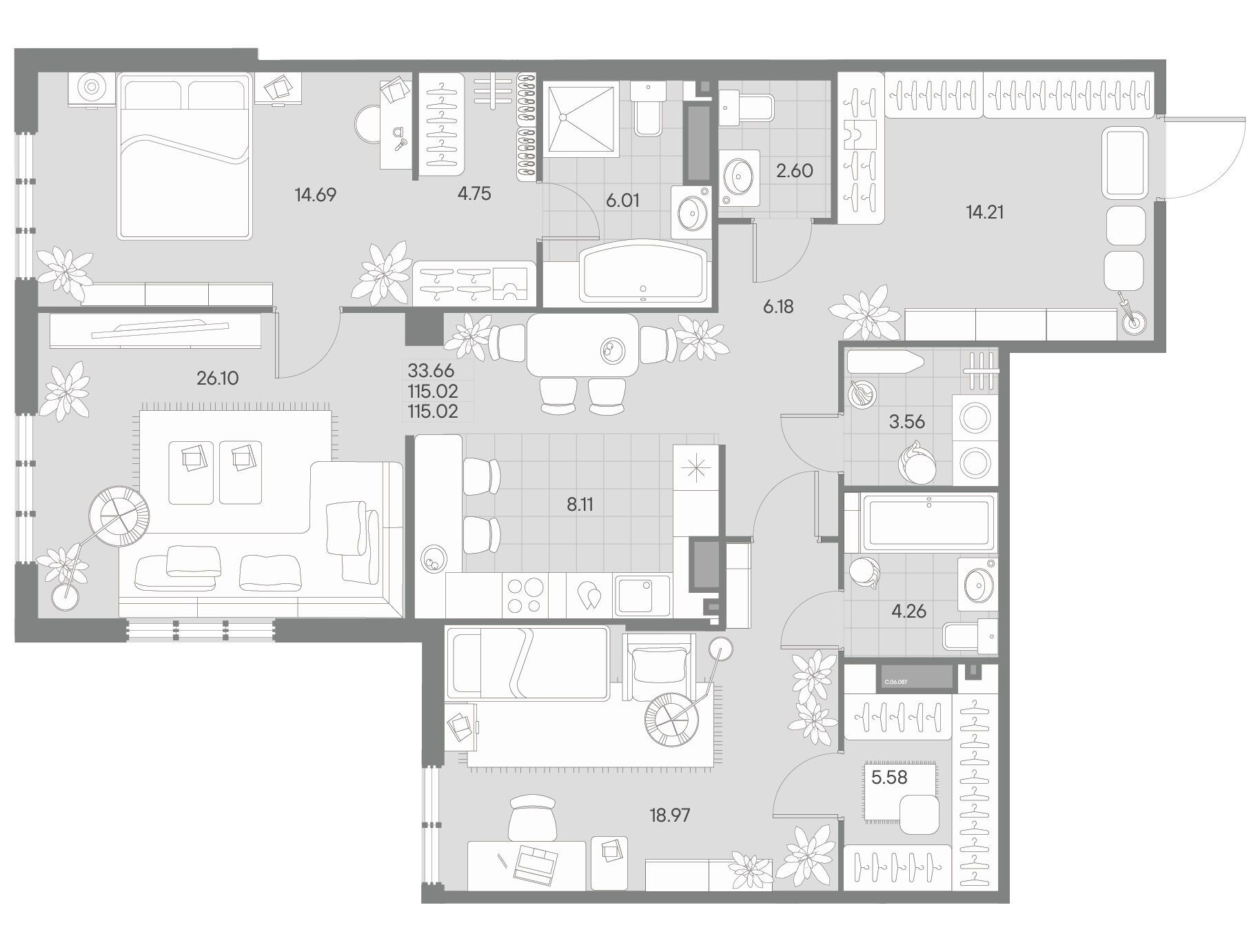 Планировка: 2-комн. квартира 112.70 м² в новостройке Амо