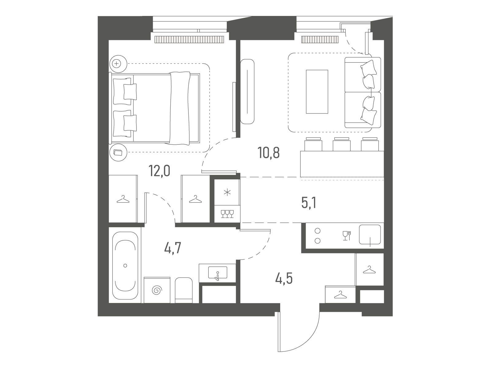 Планировка: 1-комн. квартира 37.10 м² в новостройке Среда на Лобачевского