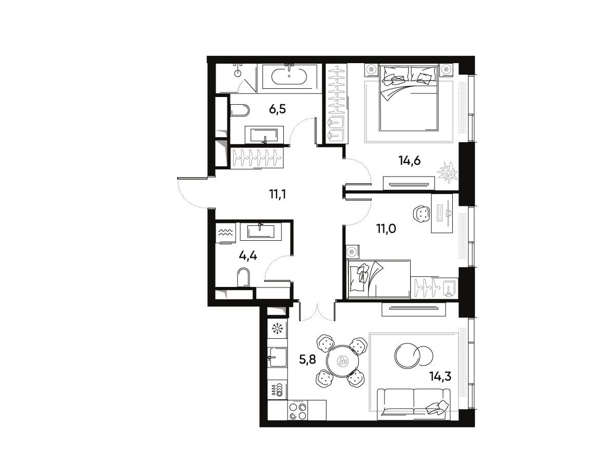 Планировка: 3-комн. квартира 67.70 м² в новостройке Прайд