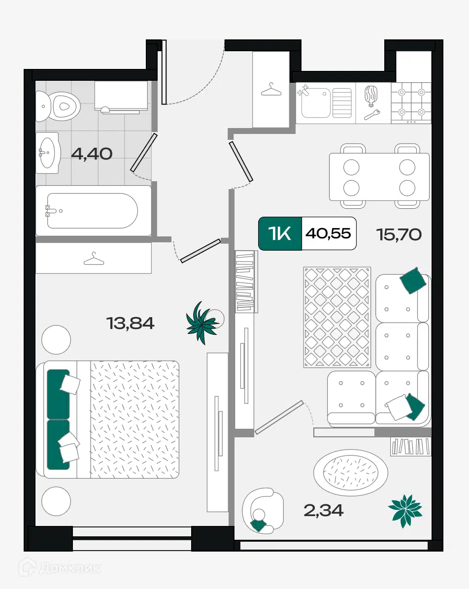 Планировка: 1-комн. квартира 39.89 м² в новостройке Народные Кварталы