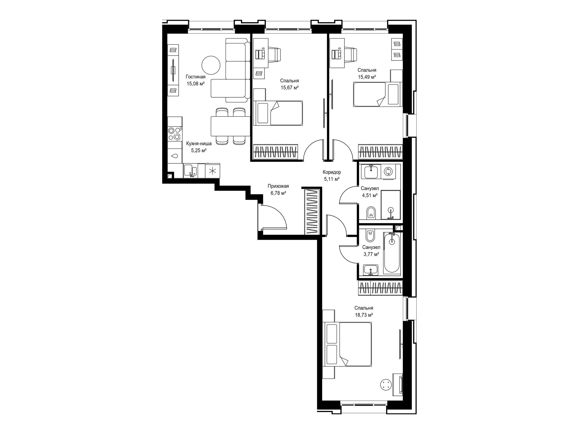 Планировка: 3-комн. квартира 90.39 м² в новостройке ЖК Селигер Сити