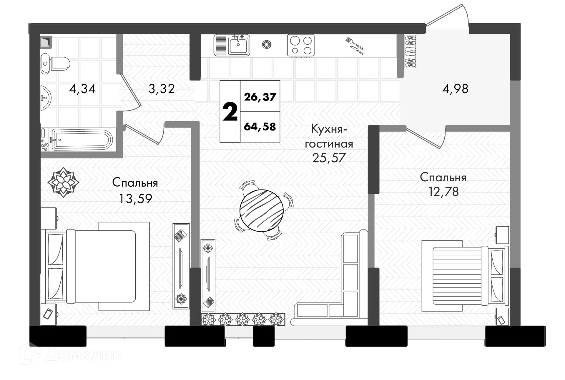 Планировка: 2-комн. квартира 64.58 м² в новостройке Зелёная территория