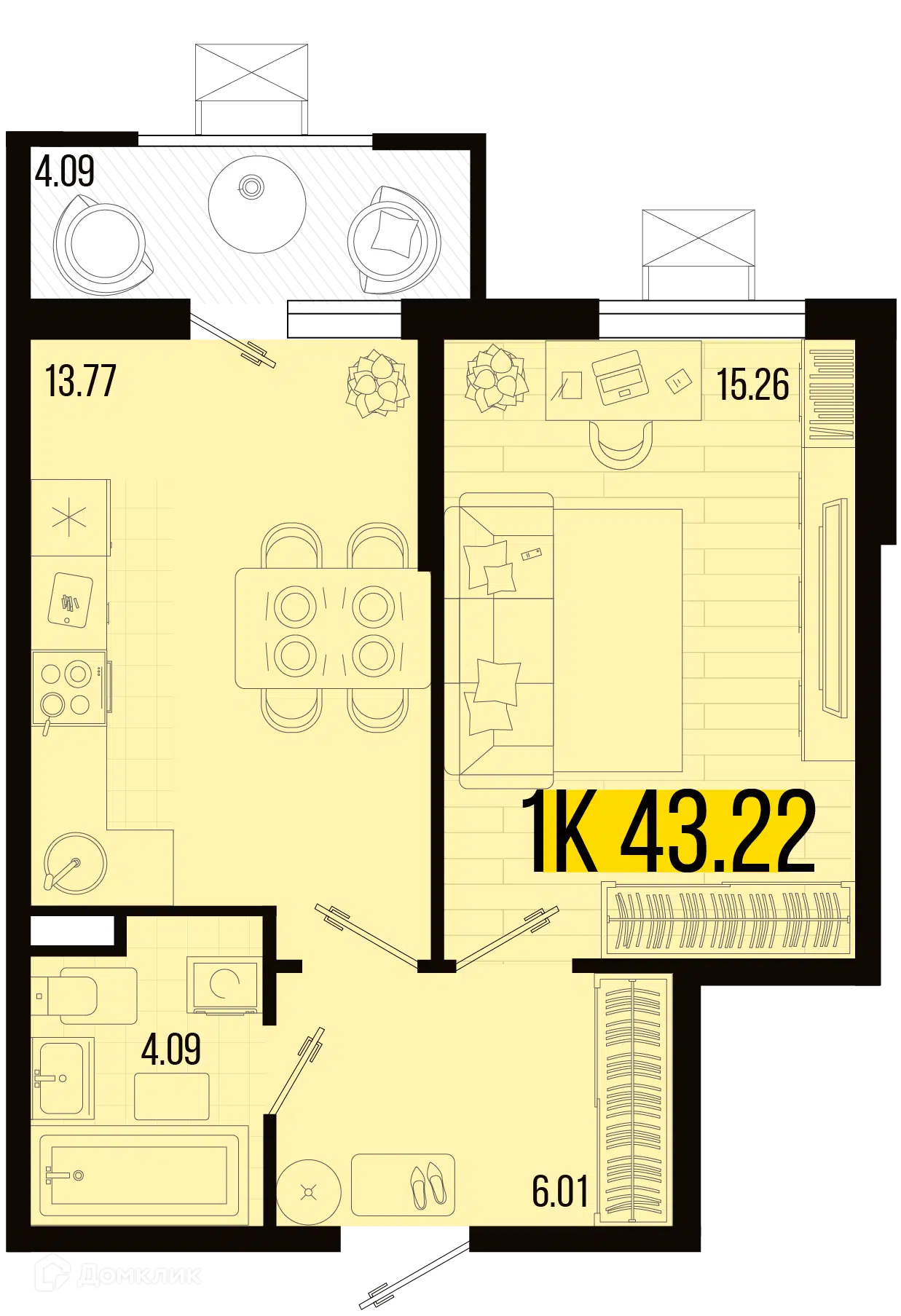 Планировка: 1-комн. квартира 39.13 м² в новостройке Цветной бульвар