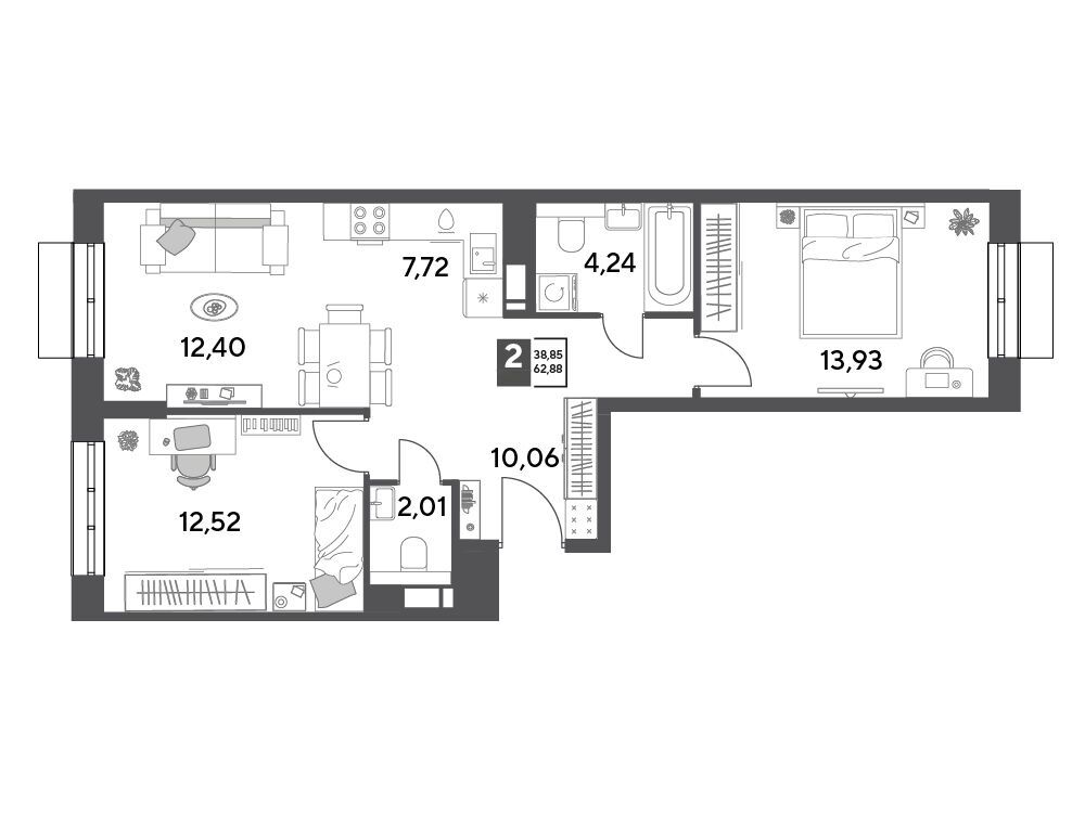 Планировка: 2-комн. квартира 62.88 м² в новостройке Публицист