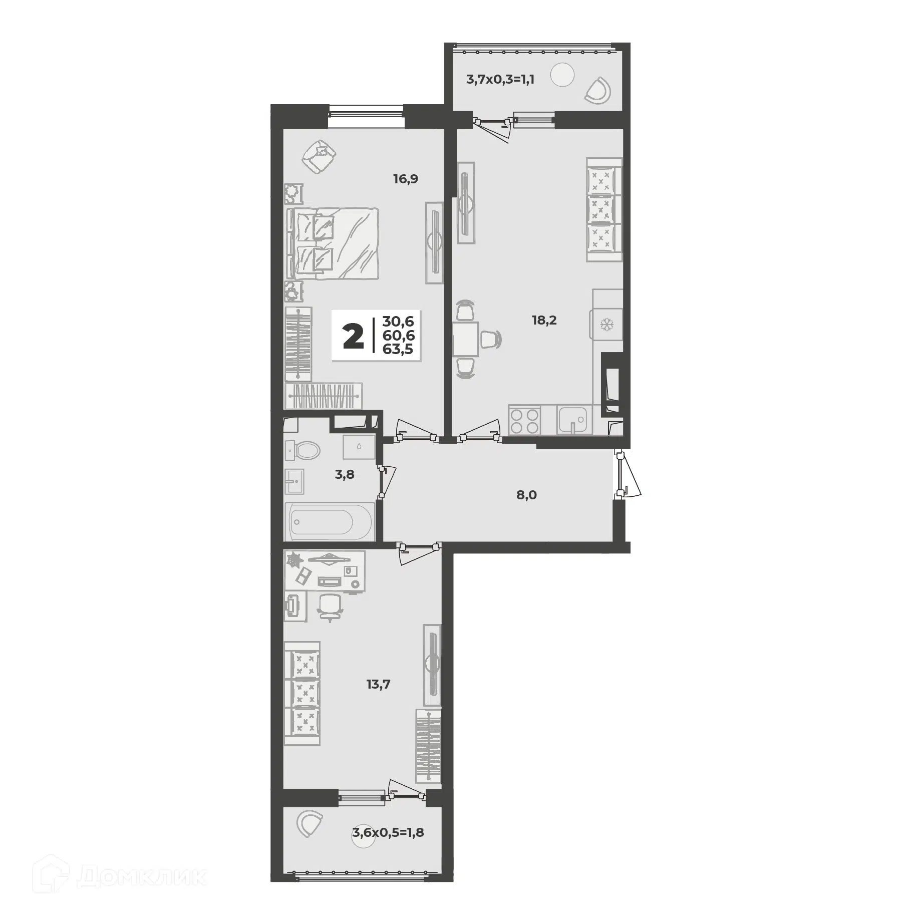 Планировка: 2-комн. квартира 63.50 м² в новостройке Лето