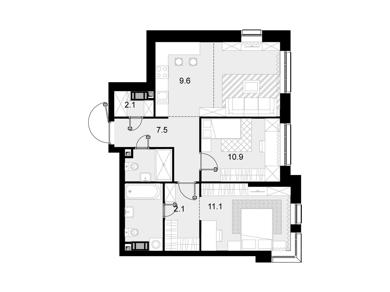 Планировка: 2-комн. квартира 68.20 м² в новостройке Трилогия Кристалл