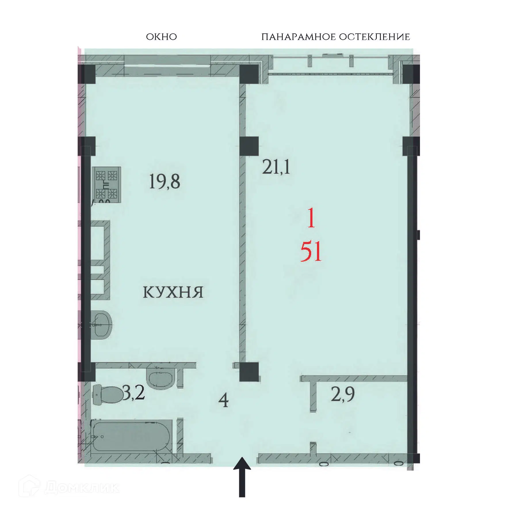 Планировка: 1-комн. квартира 51.00 м² в новостройке Речной Бриз