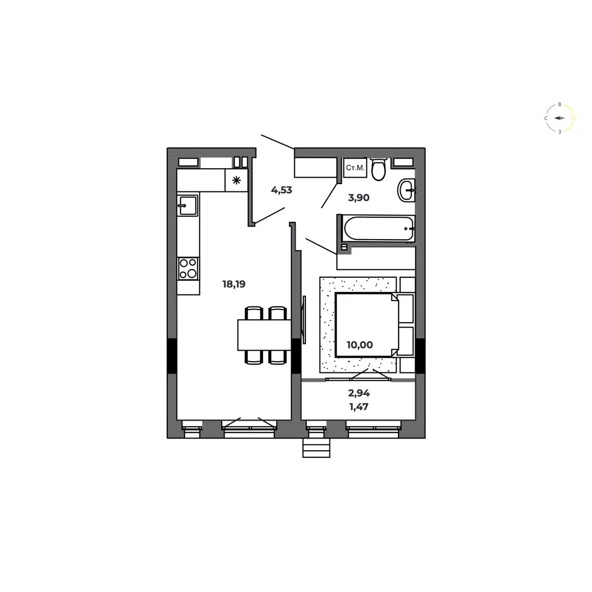 Планировка: 1-комн. квартира 38.11 м² в новостройке Красный Пахарь