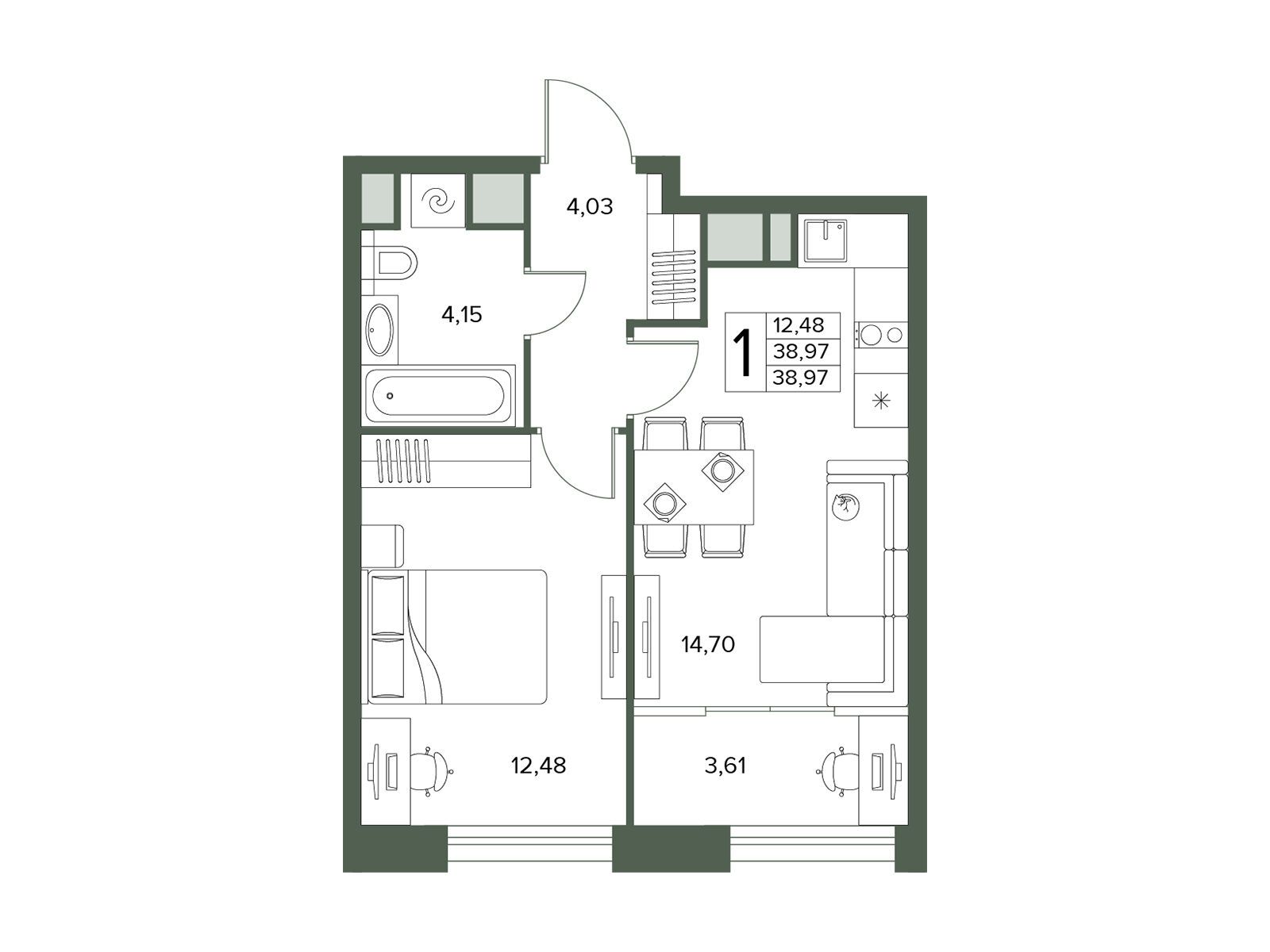 Планировка: 1-комн. квартира 38.97 м² в новостройке Городской бор