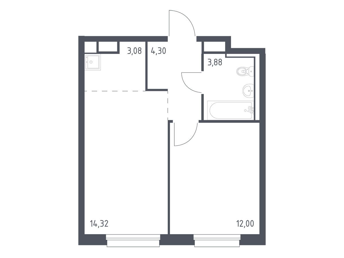 Планировка: 1-комн. квартира 37.58 м² в новостройке Новые Лаврики