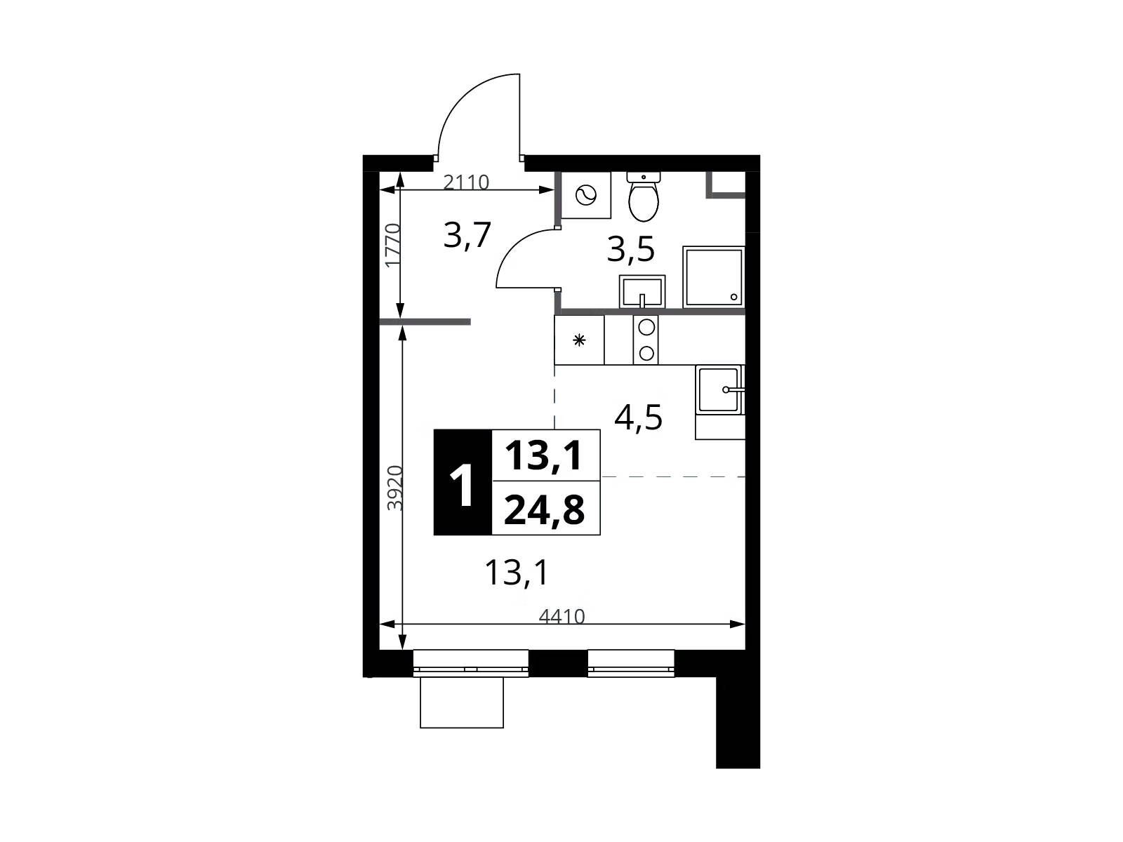 Планировка: Студия 24.80 м² в новостройке 1-й Шереметьевский