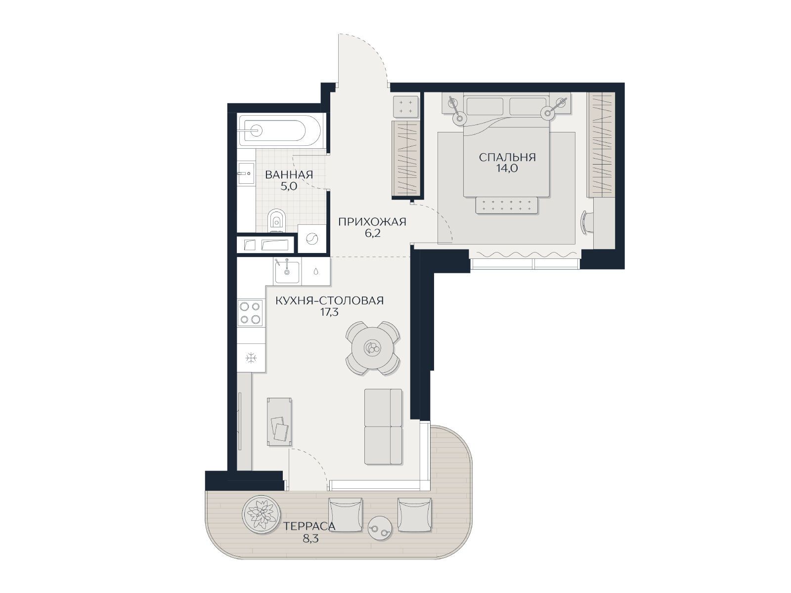 Планировка: 1-комн. квартира 46.40 м² в новостройке Кутузов Сити