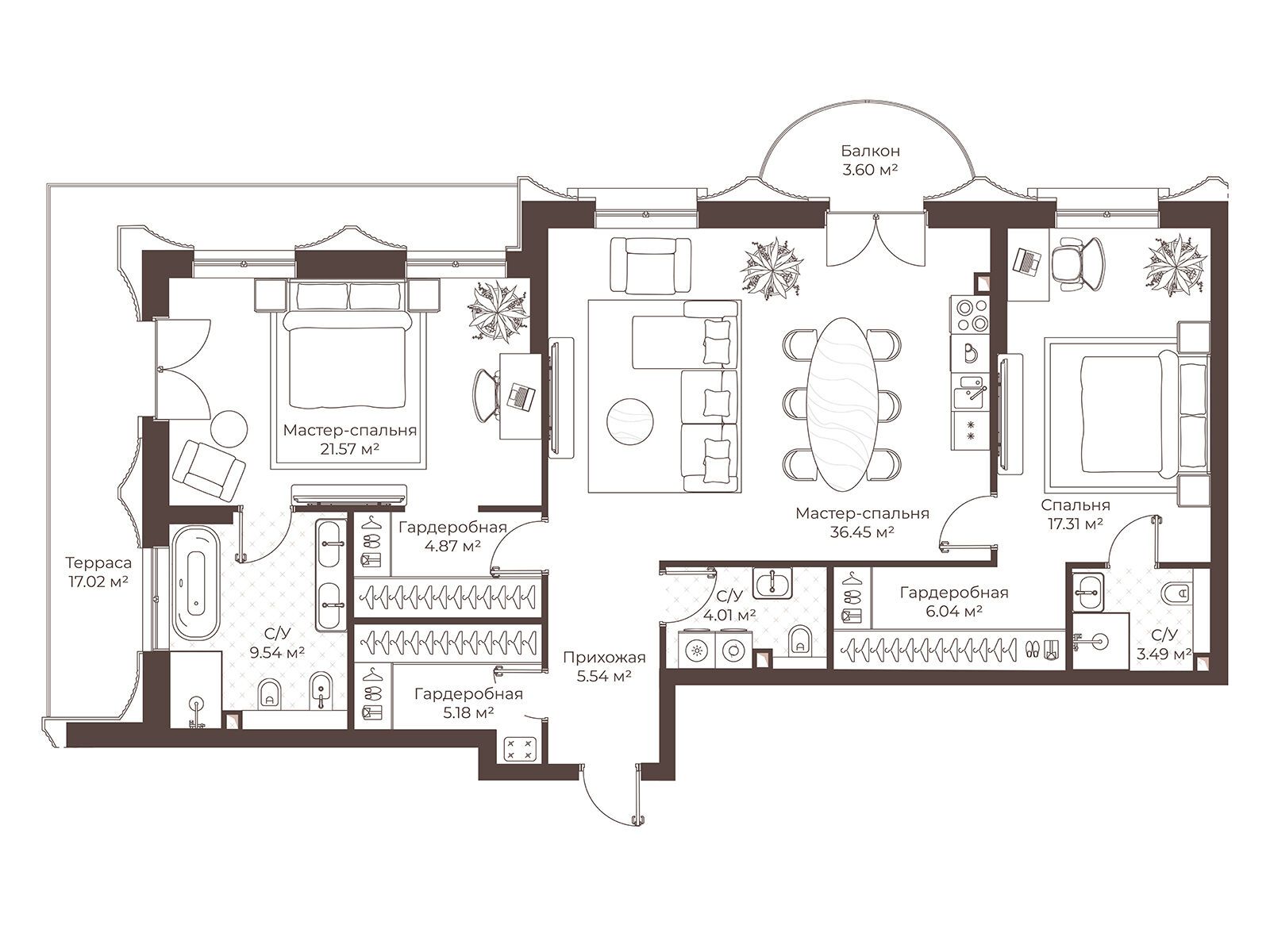 Планировка: 2-комн. квартира 120.19 м² в новостройке Клубный дом Воронцовъ