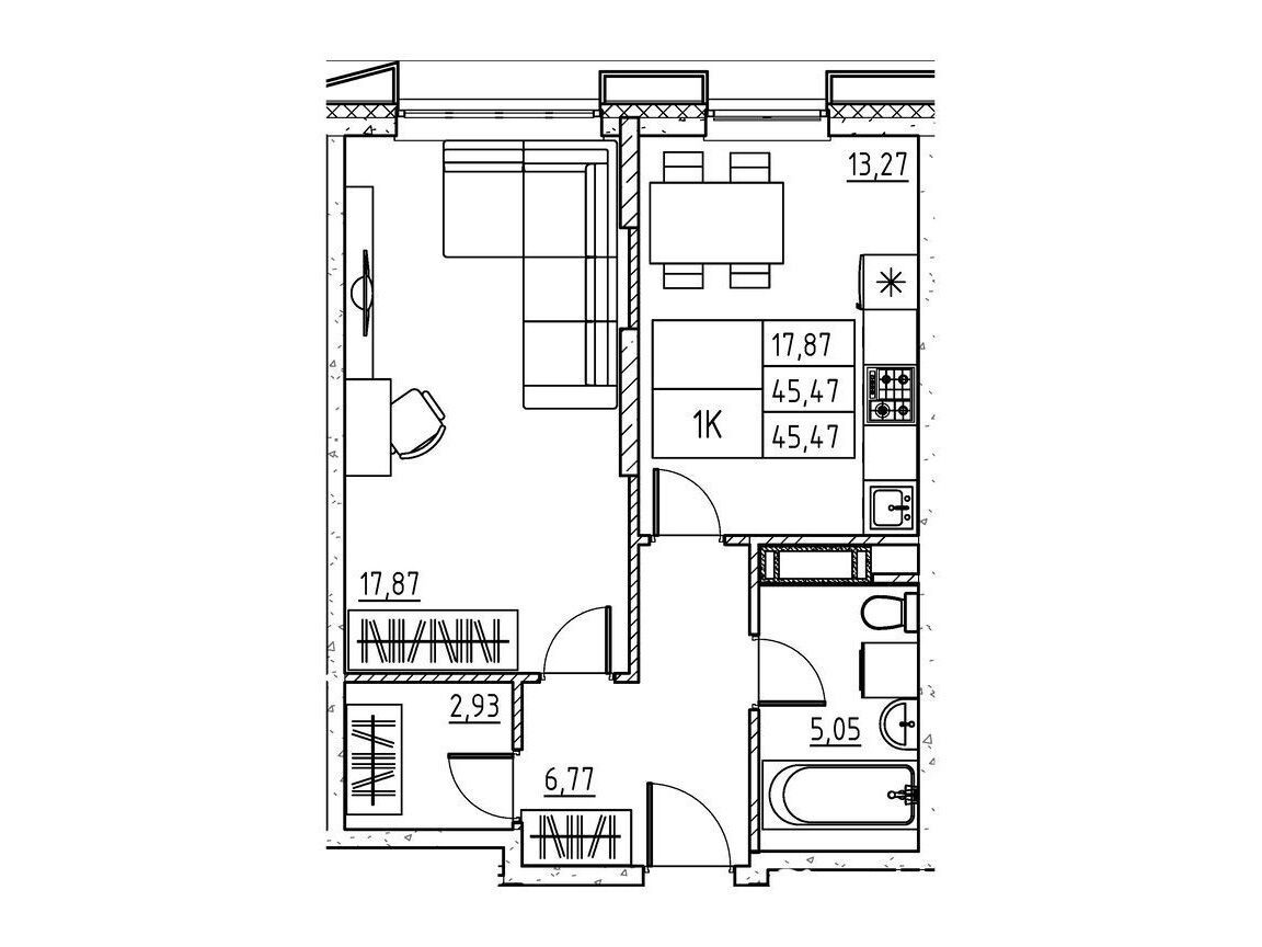 Планировка: 1-комн. квартира 45.46 м² в новостройке Бруно