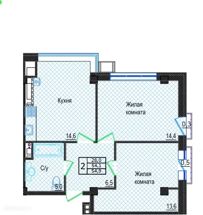 Планировка: 2-комн. квартира 54.90 м² в новостройке Резиденция