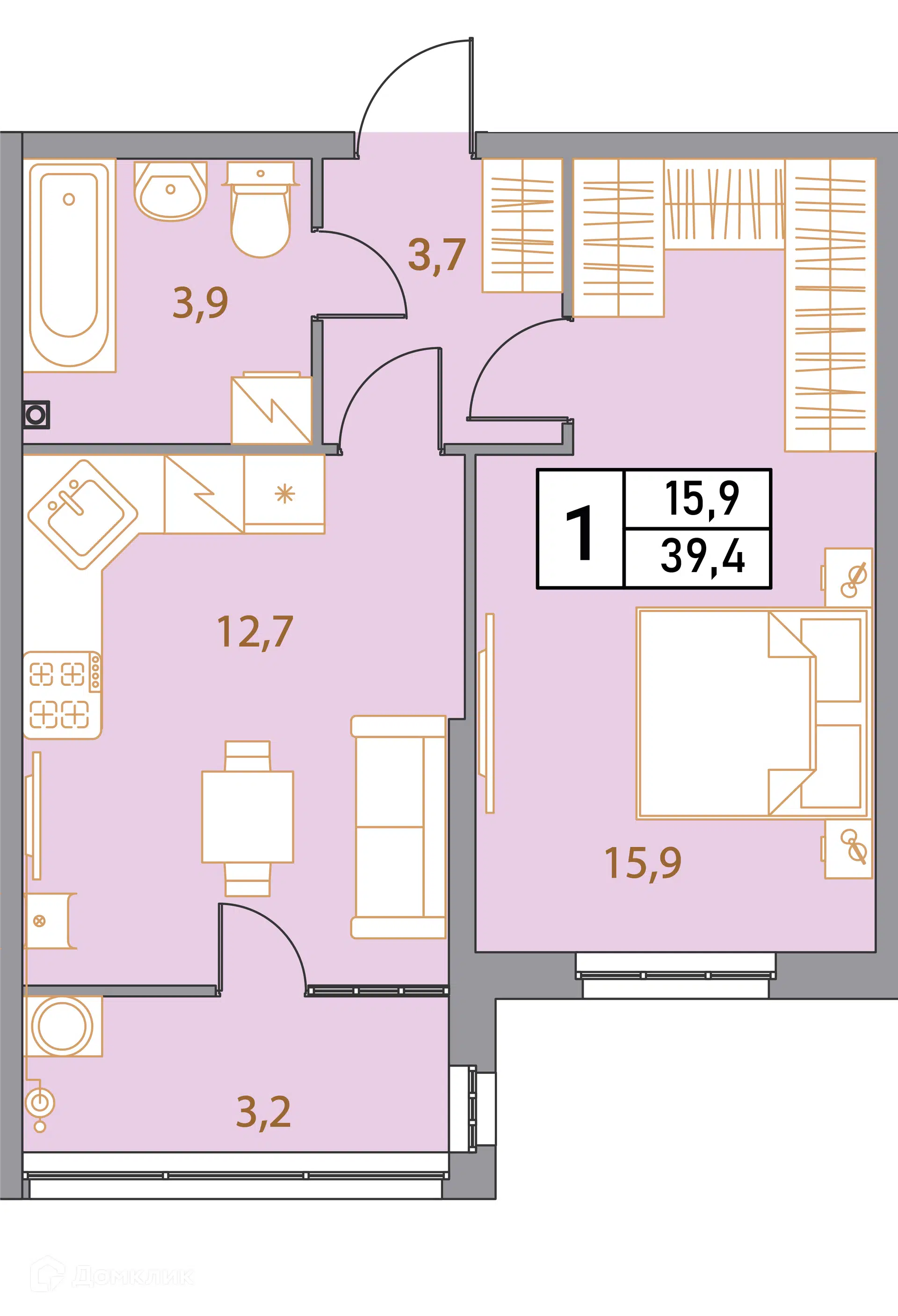 Планировка: 1-комн. квартира 39.40 м² в новостройке Фруктовый сад
