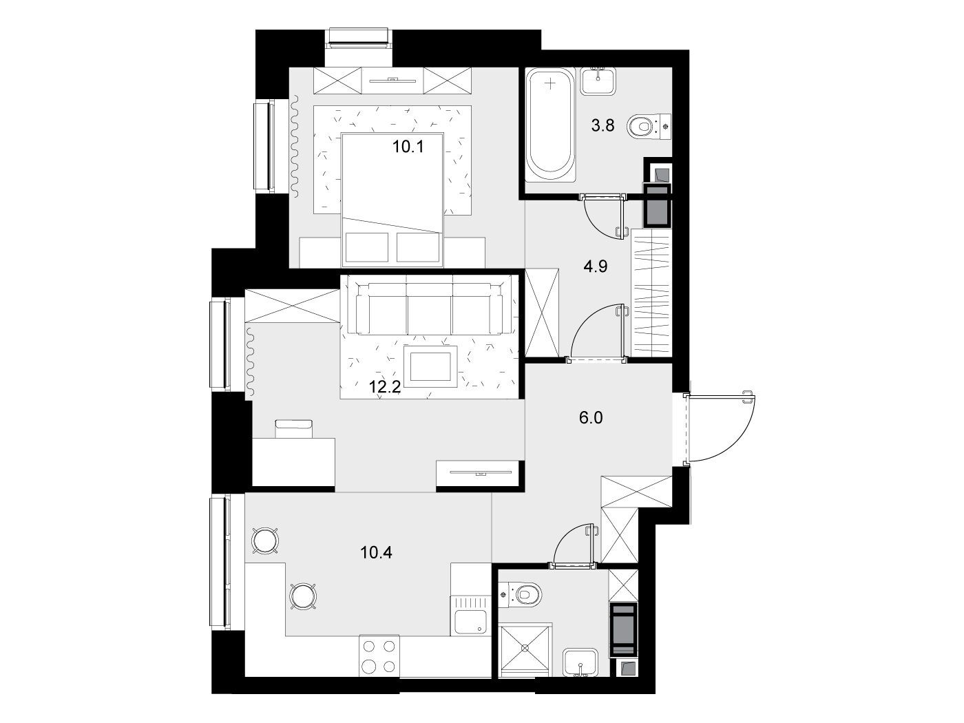 Планировка: 2-комн. квартира 50.20 м² в новостройке Трилогия Кристалл