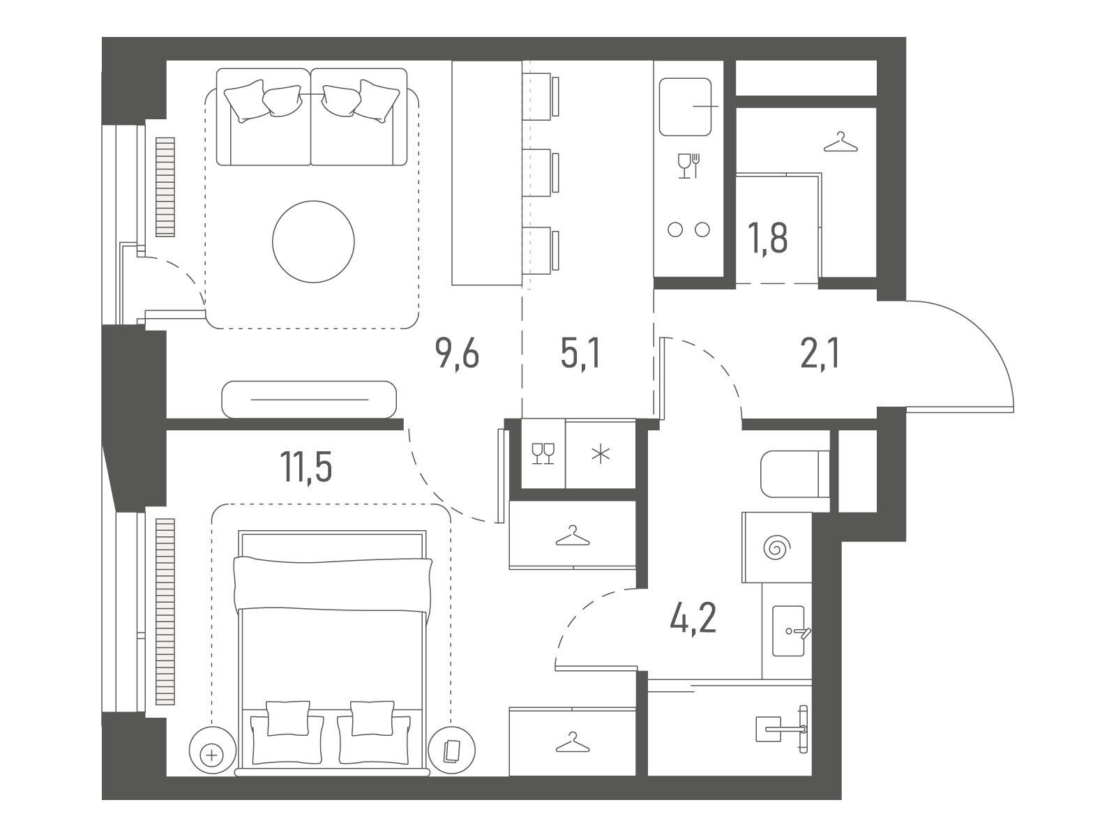 Планировка: 1-комн. квартира 34.30 м² в новостройке Среда на Лобачевского