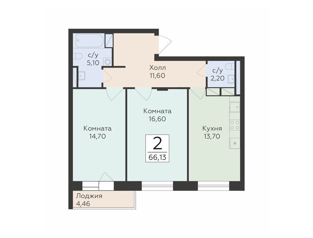 Планировка: 2-комн. квартира 66.13 м² в новостройке Малаховский