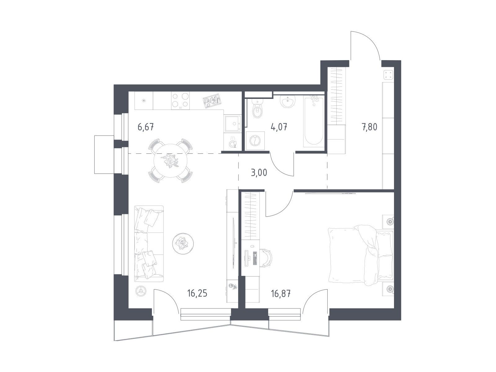 Планировка: 1-комн. квартира 53.80 м² в новостройке Квартал Авиаторов