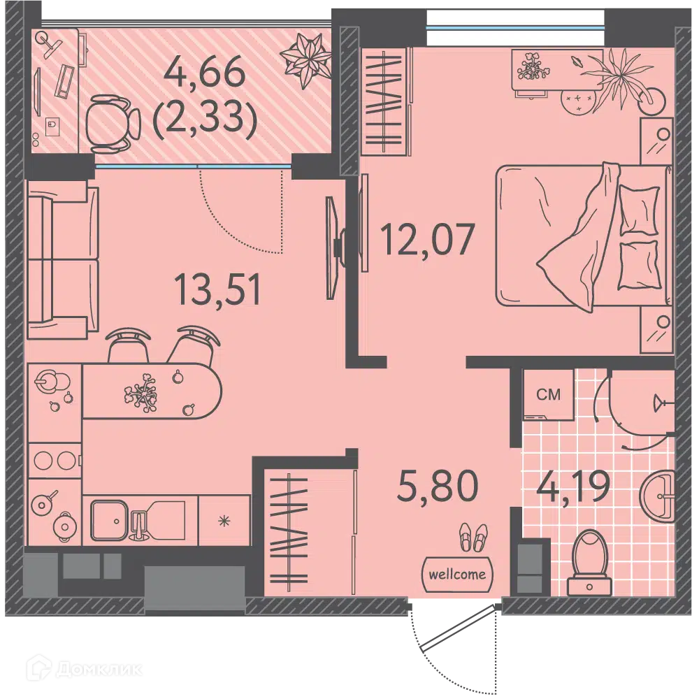 Планировка: 1-комн. квартира 36.95 м² в новостройке Друзья