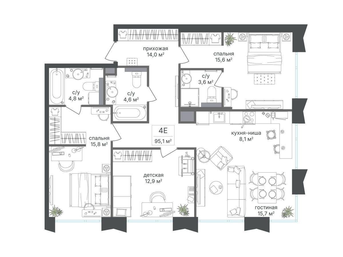 Планировка: 3-комн. квартира 95.10 м² в новостройке Петровский парк II