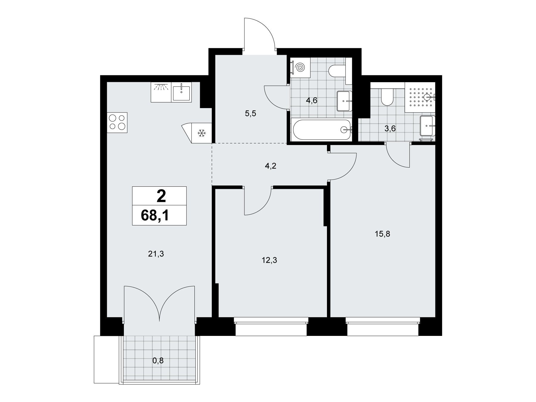 Планировка: 2-комн. квартира 68.10 м² в новостройке Хольм