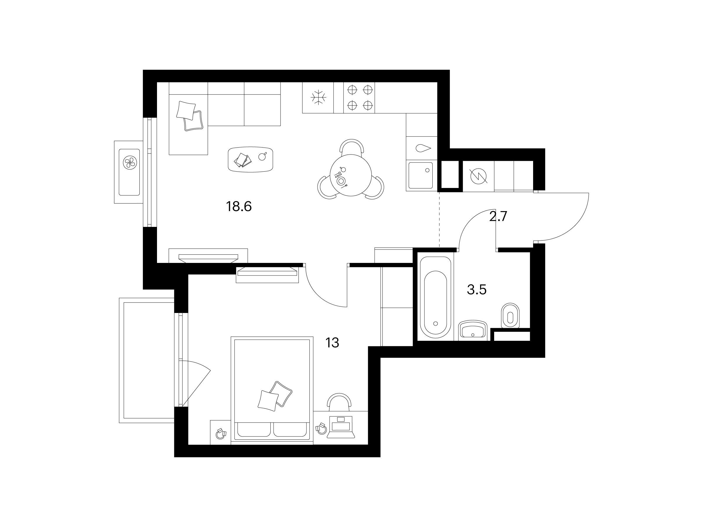 Планировка: 1-комн. квартира 38.50 м² в новостройке Середневский лес