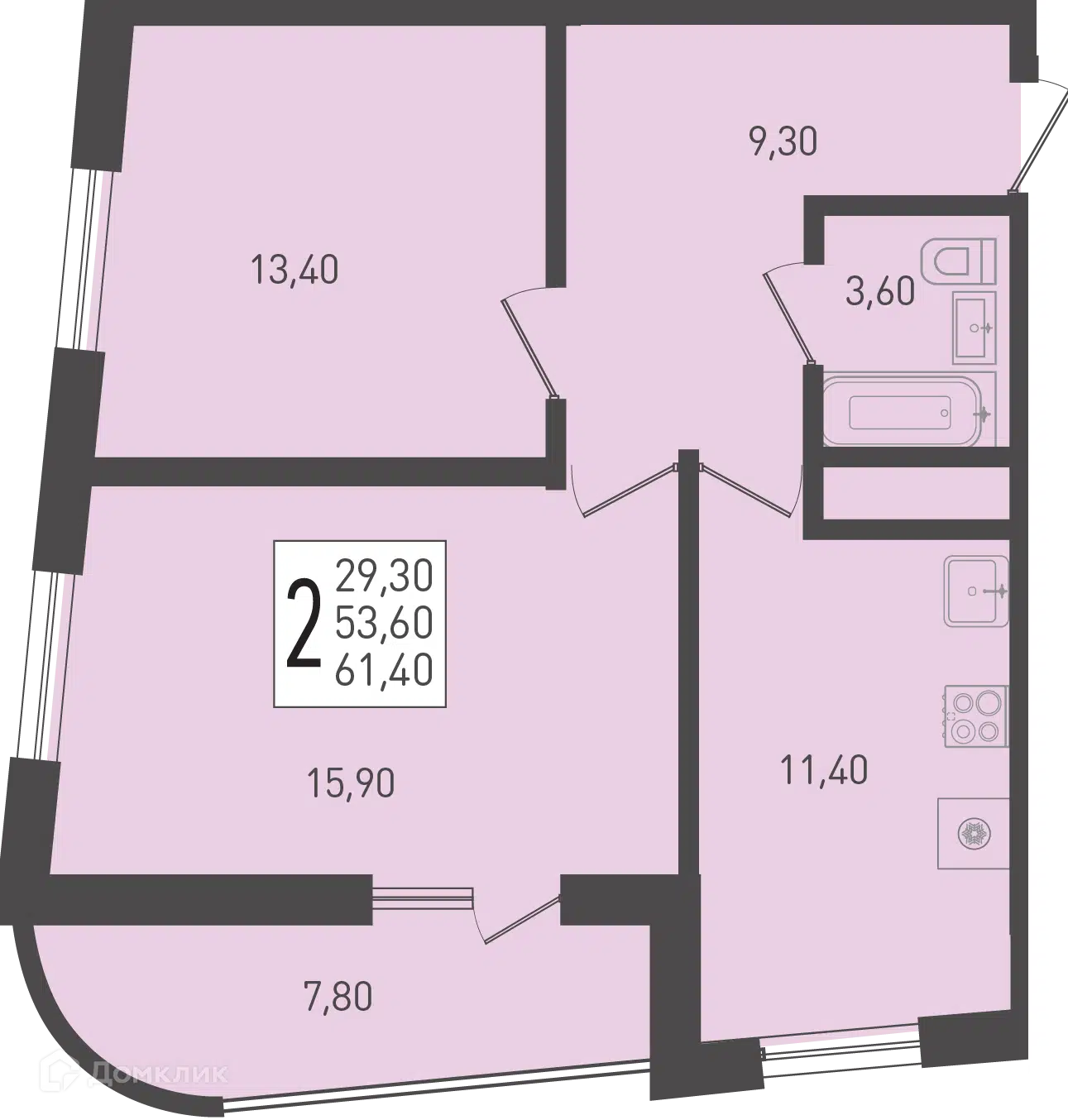 Планировка: 2-комн. квартира 61.40 м² в новостройке Огурцы