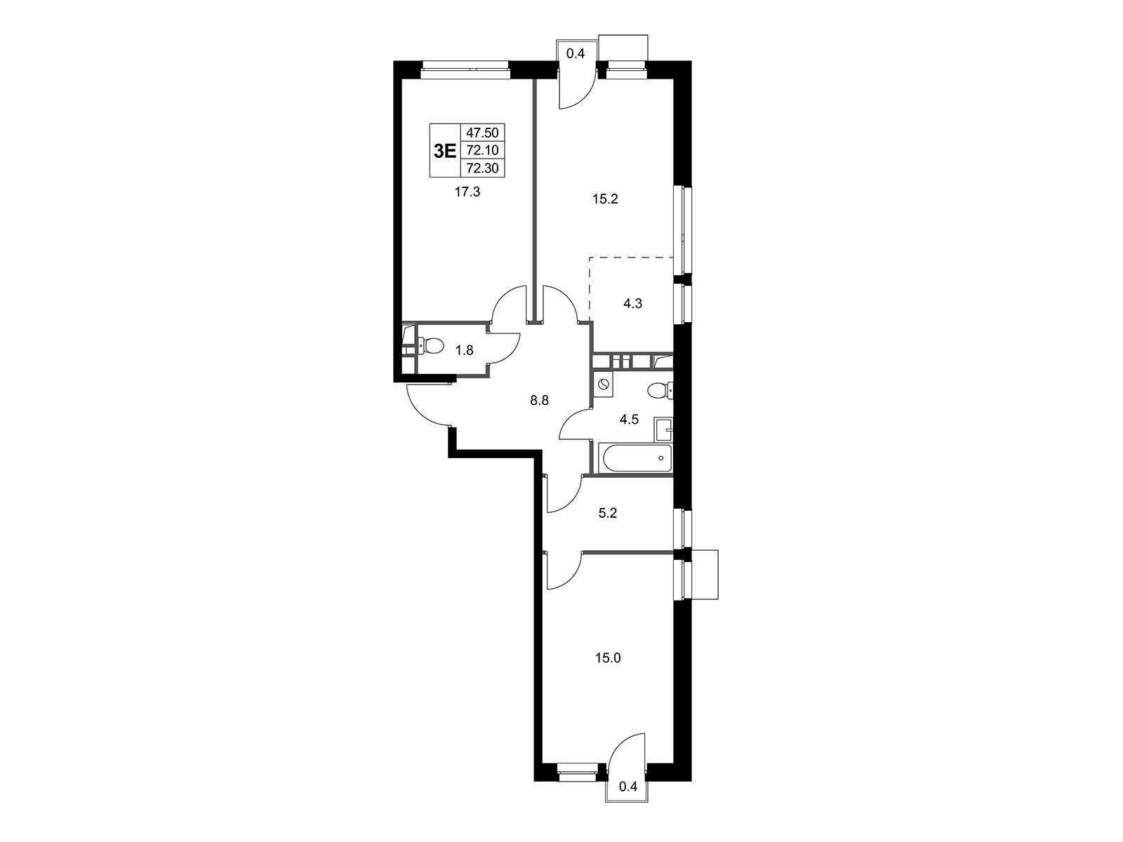 Планировка: 3-комн. квартира 72.30 м² в новостройке Легенда Марусино