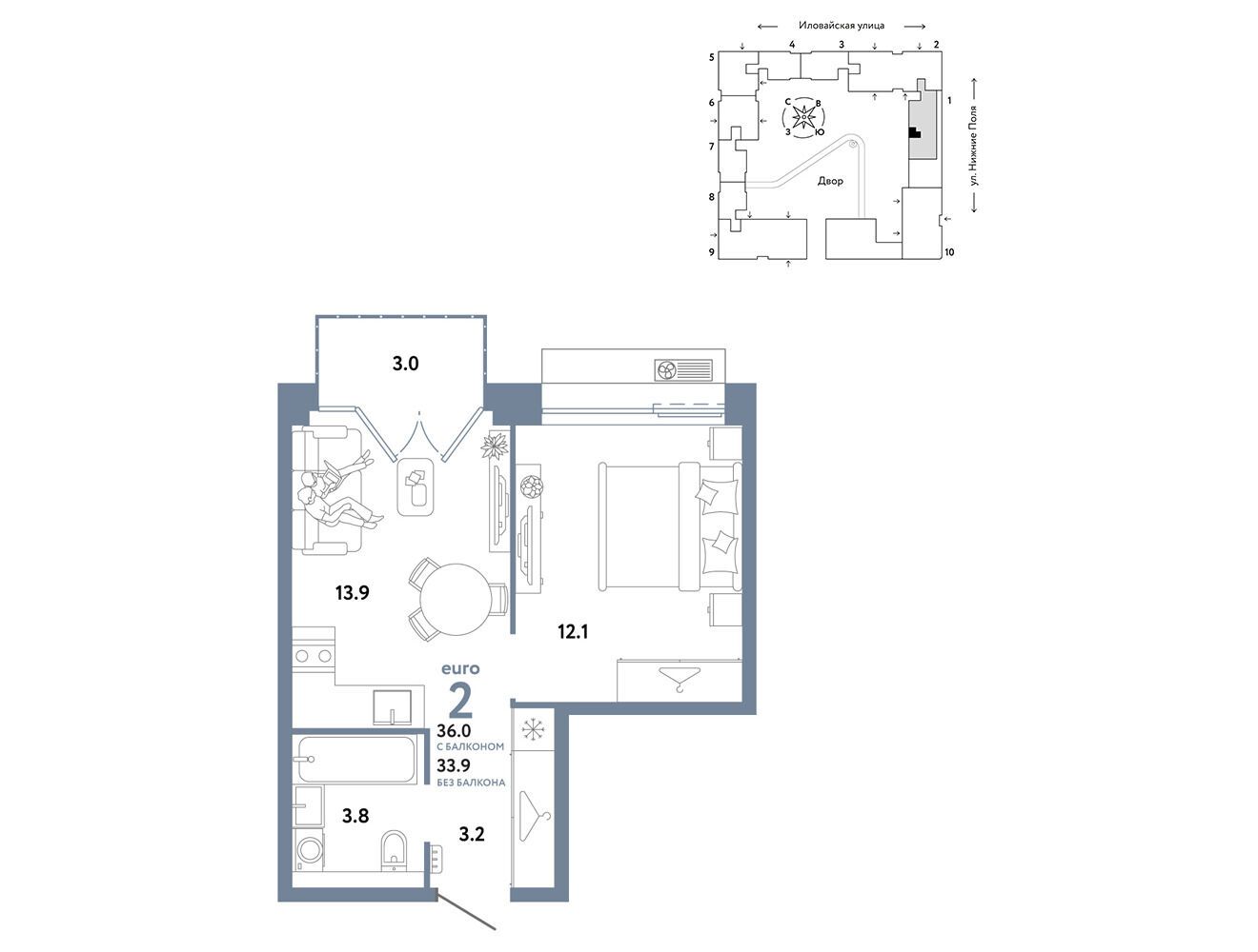 Планировка: 2-комн. квартира 36.00 м² в новостройке Страна. Заречная