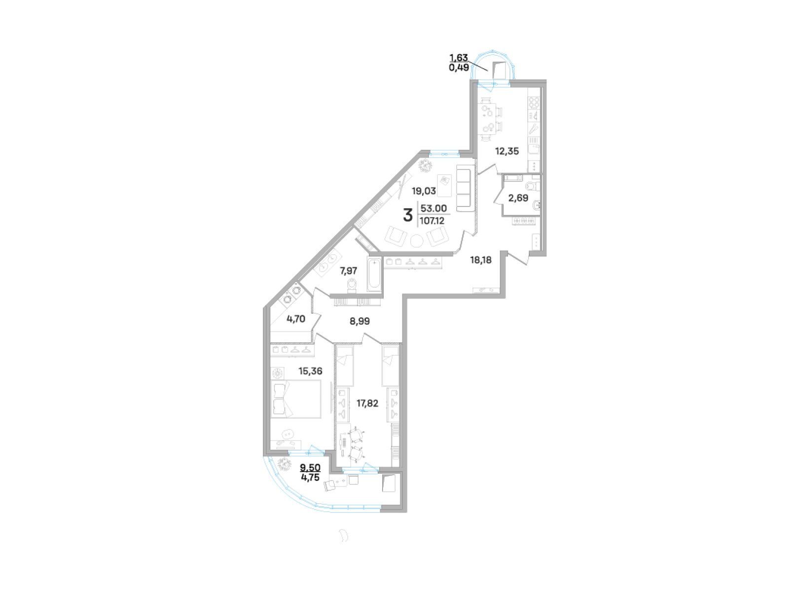 Планировка: 3-комн. квартира 108.40 м² в новостройке Дом-Мегалит в Королеве
