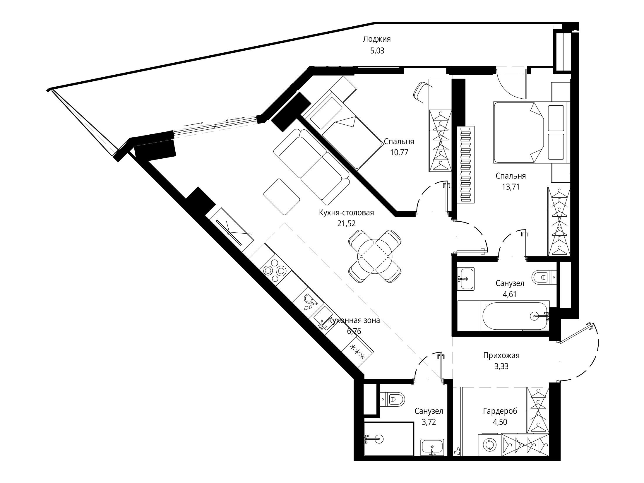 Планировка: 2-комн. квартира 74.26 м² в новостройке Джойс