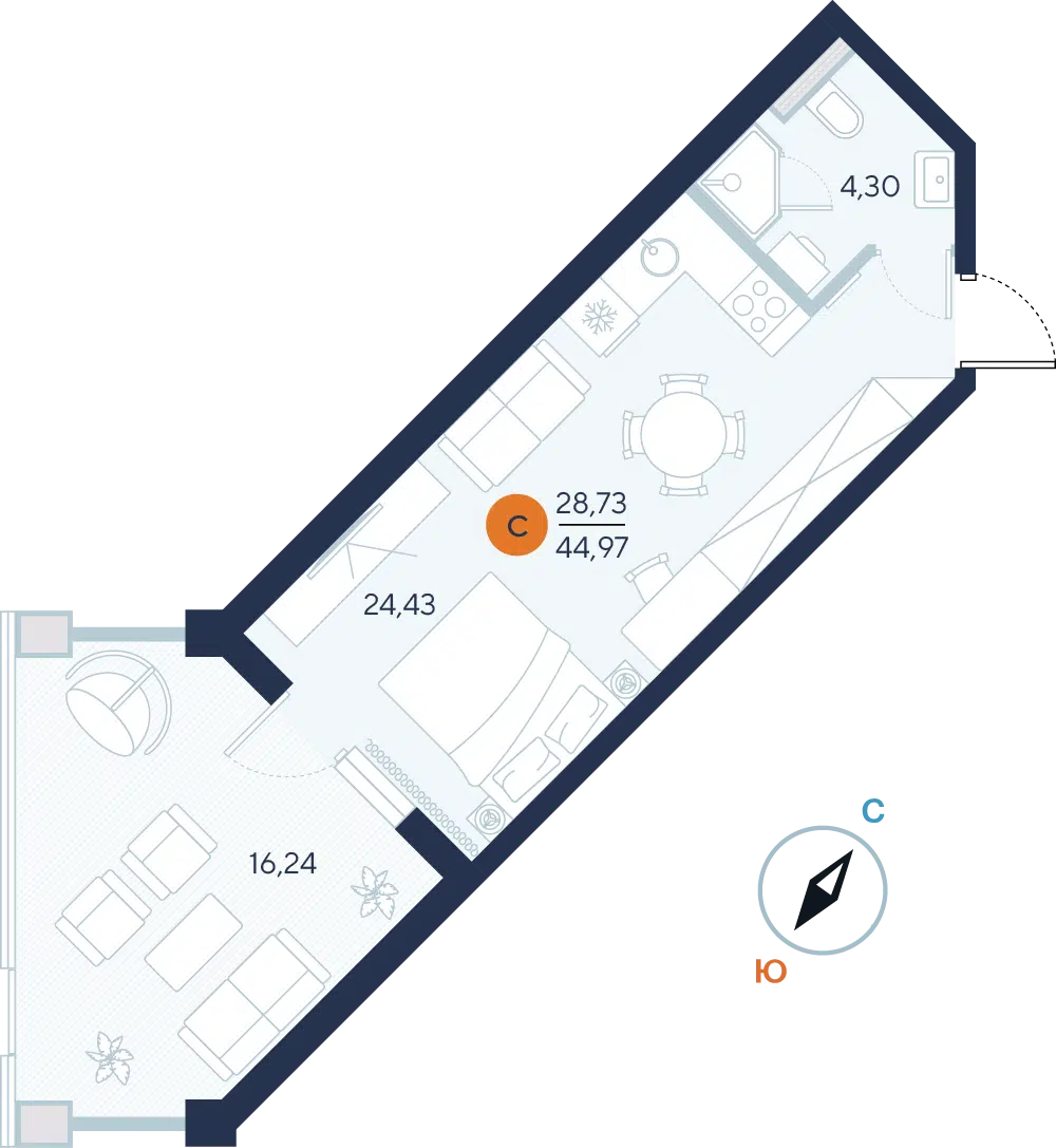 Планировка: Студия 44.97 м² в новостройке Альба дель Маре