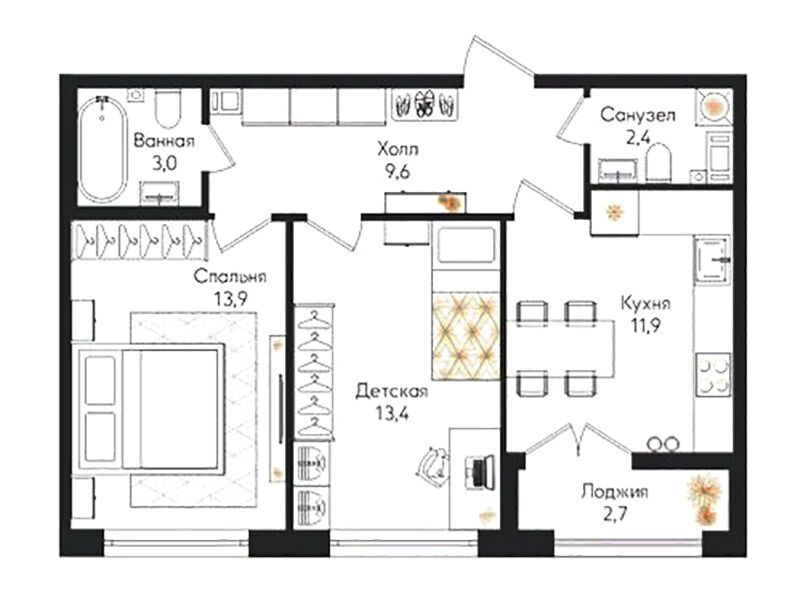 Планировка: 2-комн. квартира 56.70 м² в новостройке ЖК Кронунг Юг
