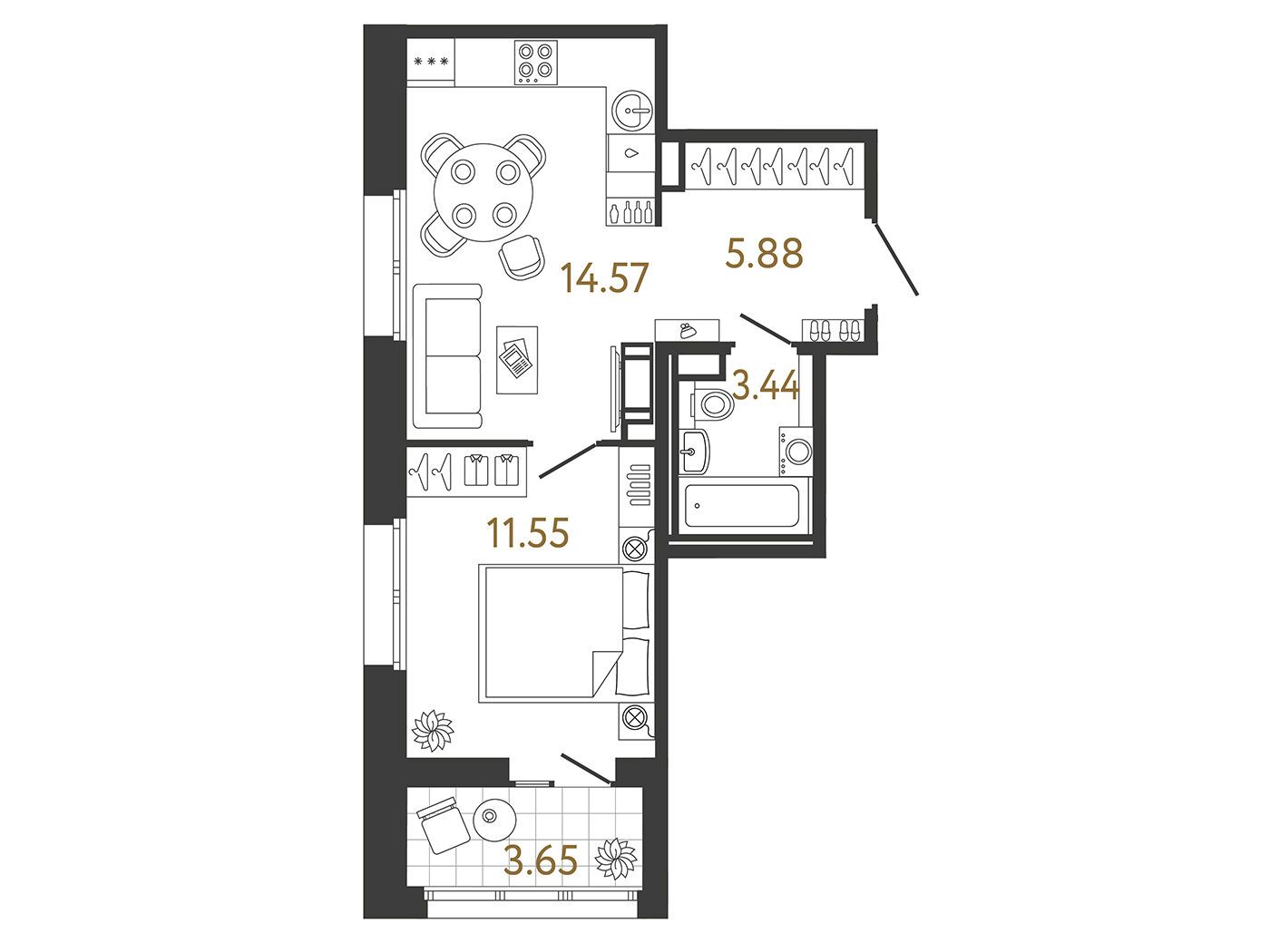 Планировка: 1-комн. квартира 35.44 м² в новостройке Ультра Сити 3.0