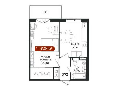 Планировка: 1-комн. квартира 39.30 м² в новостройке Арт Парк