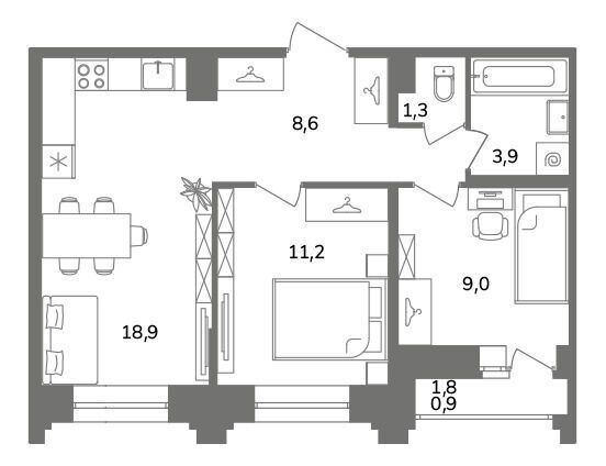 Планировка: 2-комн. квартира 54.30 м² в новостройке Антверпен