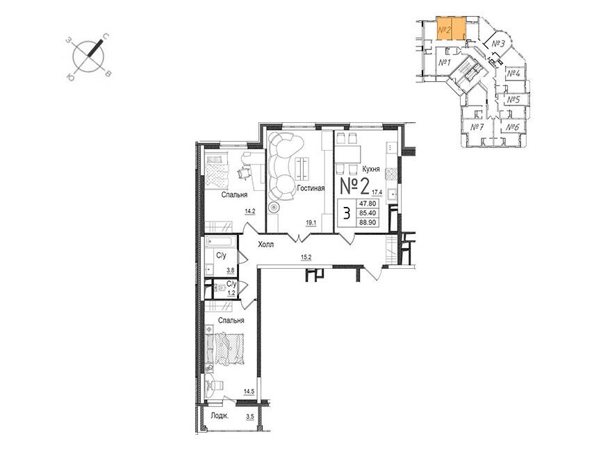 Планировка: 3-комн. квартира 89.20 м² в новостройке Школьный