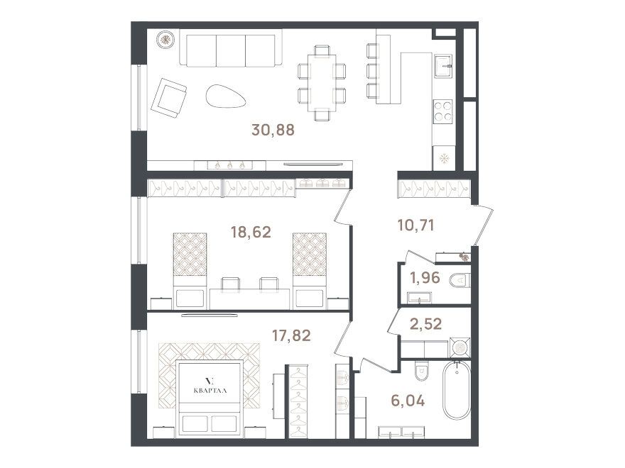 Планировка: 2-комн. квартира 88.55 м² в новостройке VI Квартал